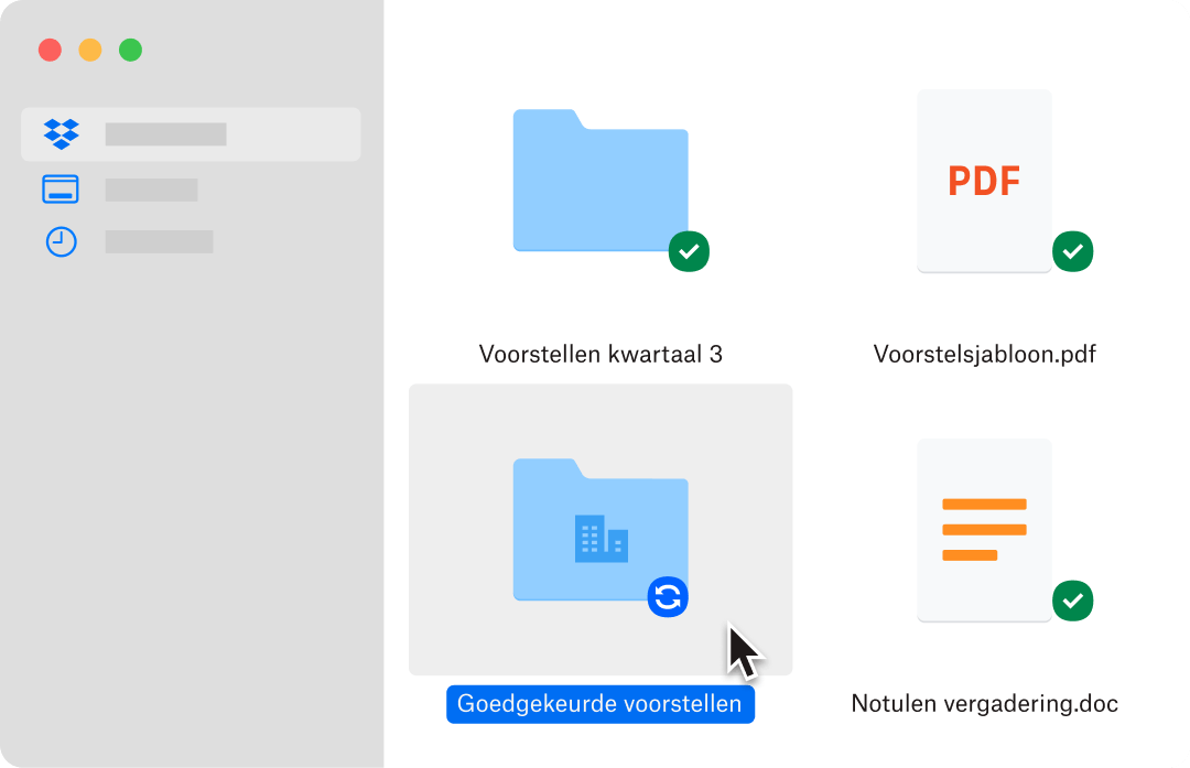 Muisaanwijzer die zweeft over een geselecteerde map met de titel 'Goedgekeurde voorstellen'
