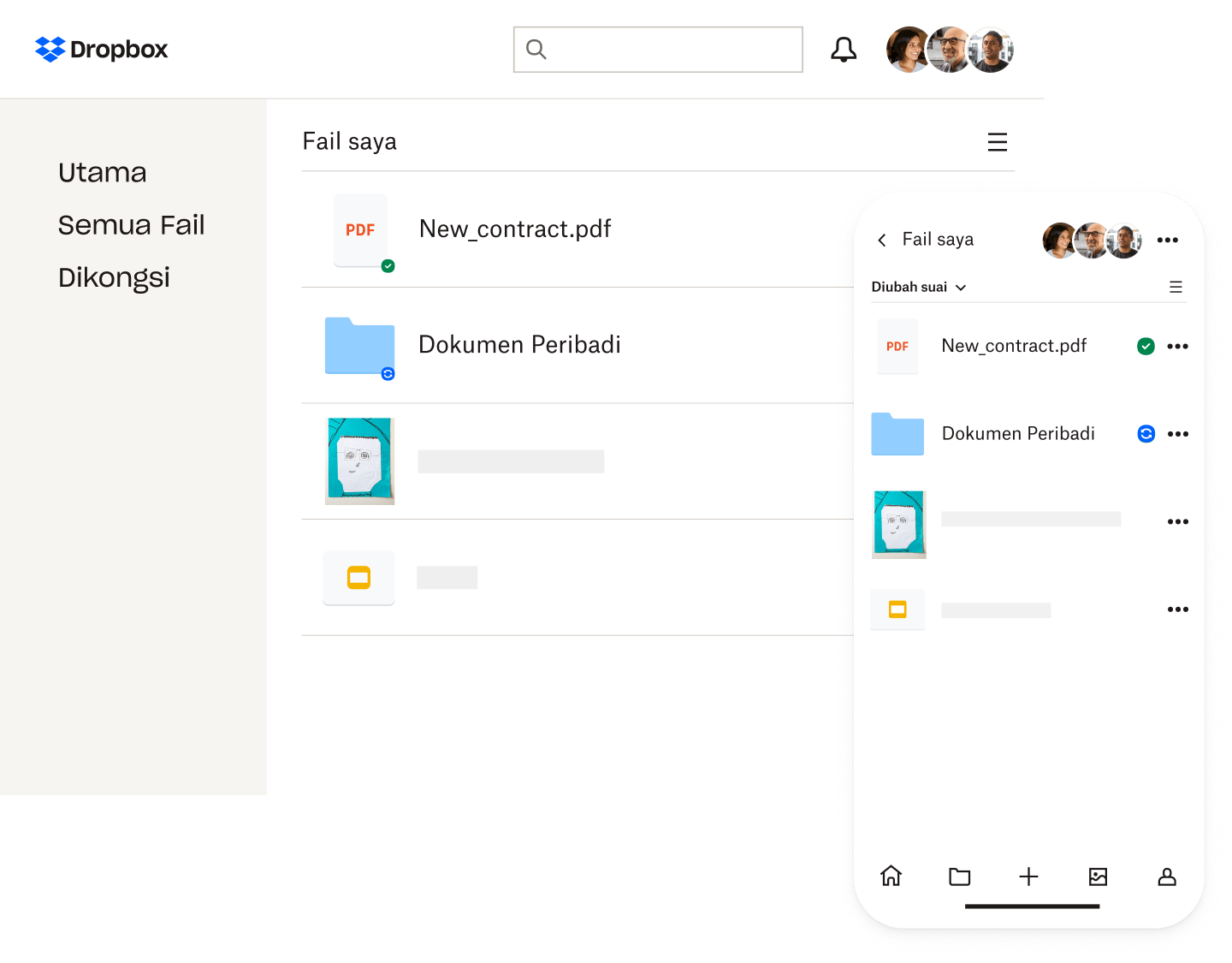 Folder dan foto peribadi Dropbox pada skrin telefon pintar dan skrin desktop.