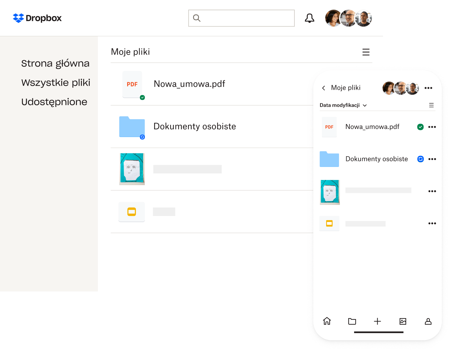 Folder osobisty i zdjęcia Dropbox na ekranach smartfonu i komputera.
