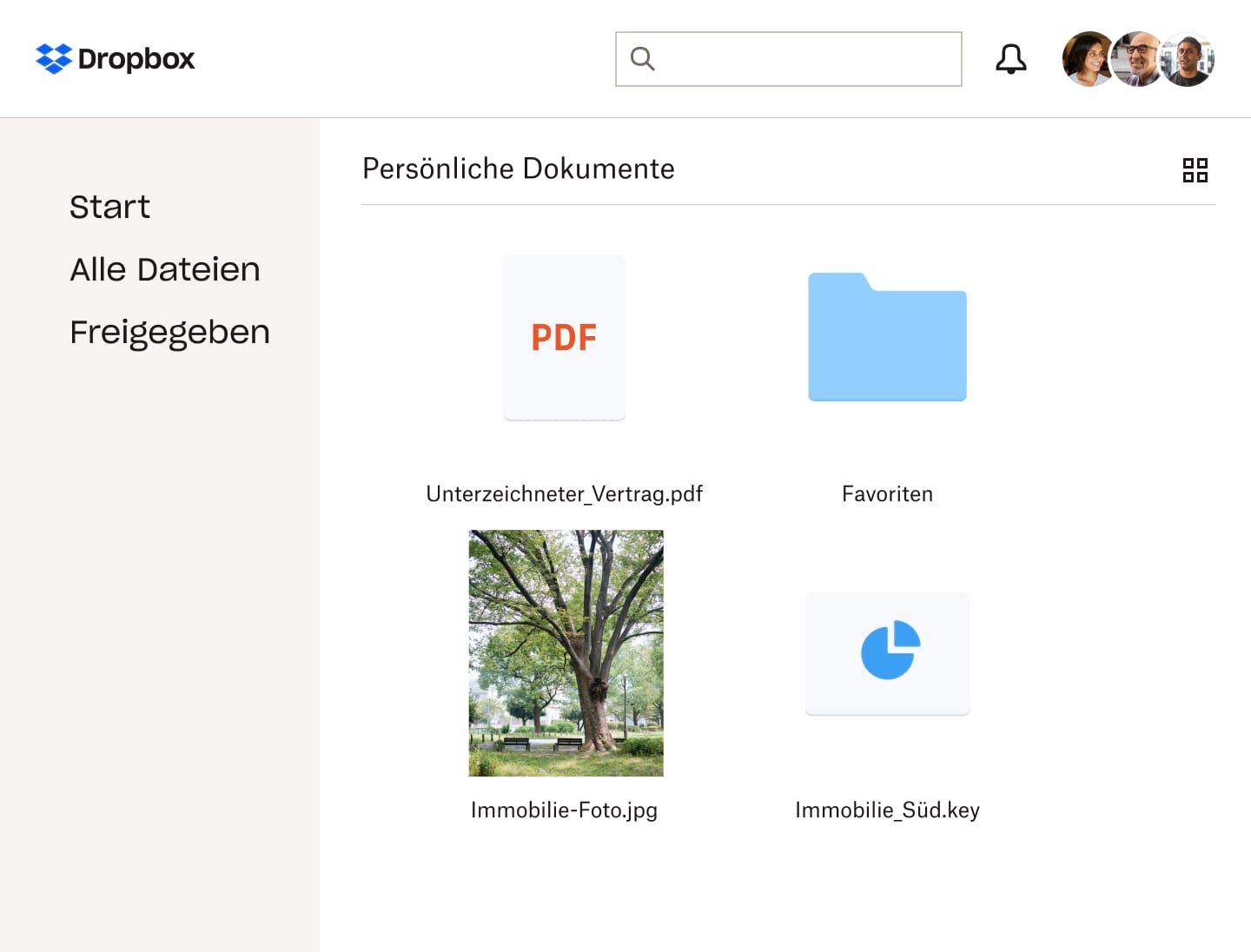Fotos und verschiedene andere Dateien für eine Eigentumsurkunde in einem freigegebenen Dropbox-Ordner