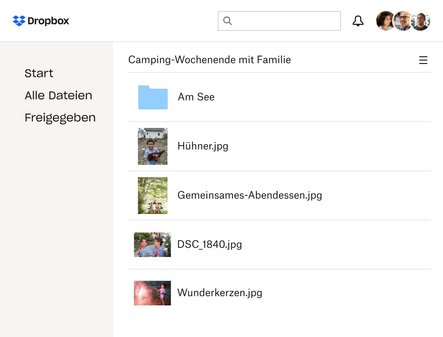 Verschiedene Fotos in einem freigegebenen Dropbox Family-Ordner