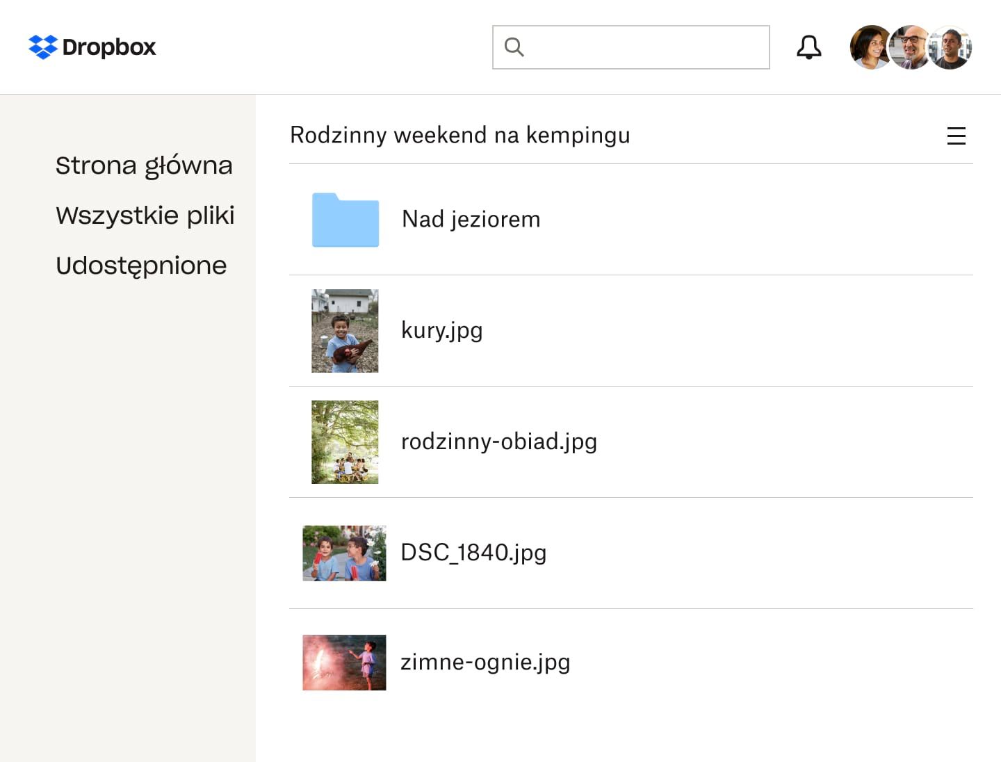 Różne zdjęcia w folderze udostępnionym Dropbox Family