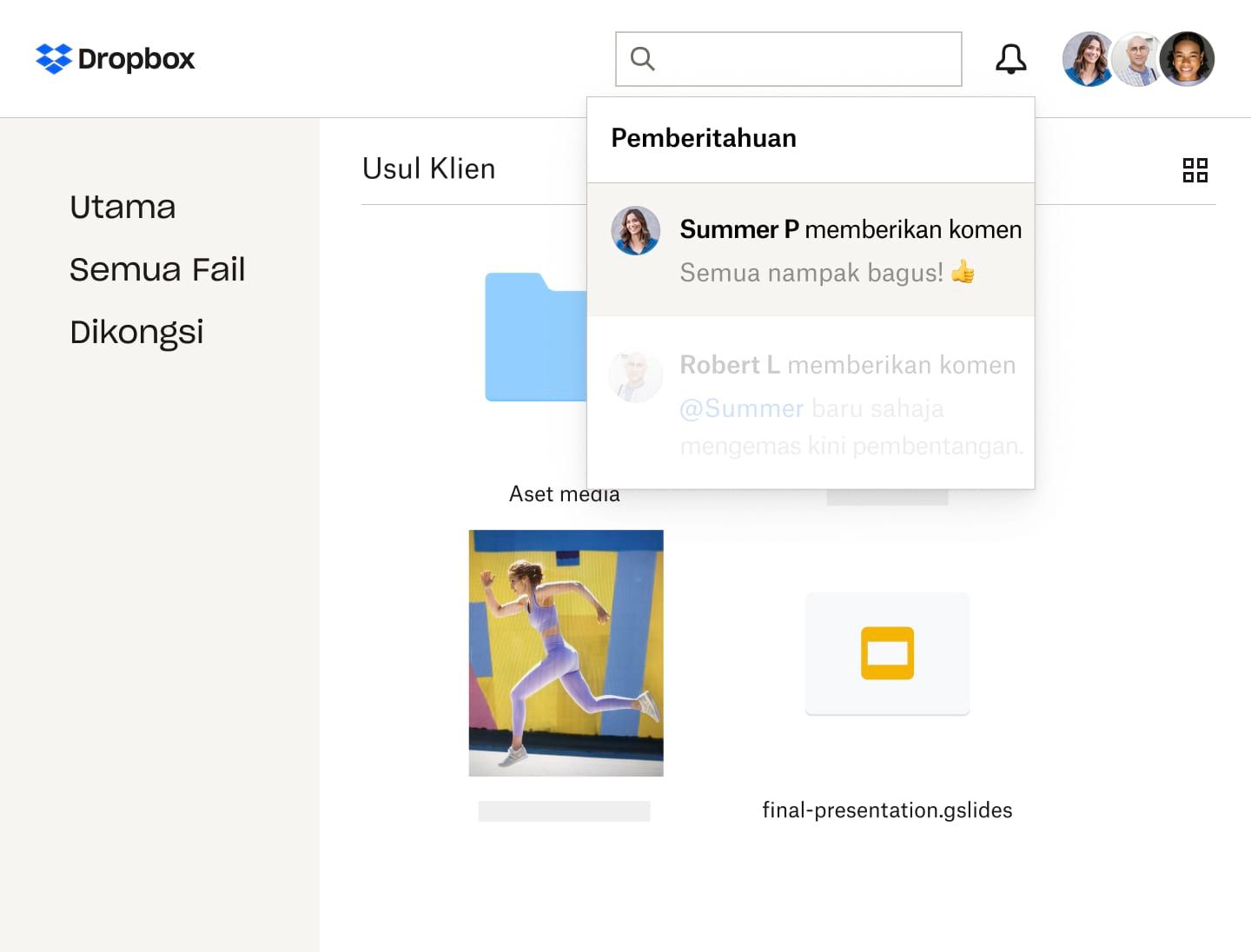 Makluman pemberitahuan untuk usul klien dalam folder Dropbox