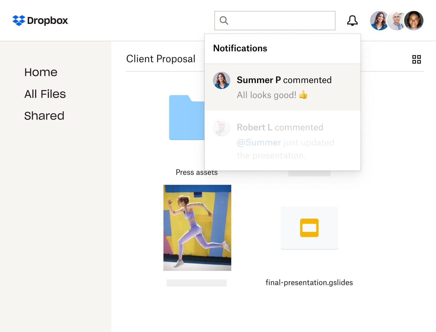 Notification alert for a a client proposal in a Dropbox folder