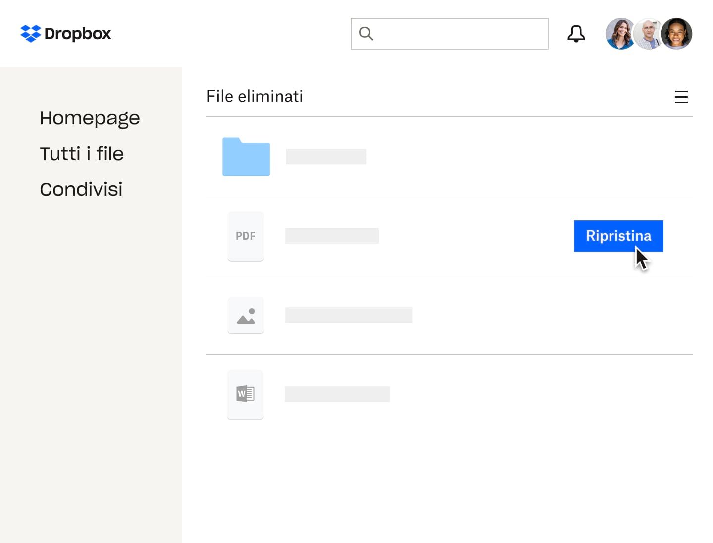 Utente che ripristina un PDF eliminato in Dropbox