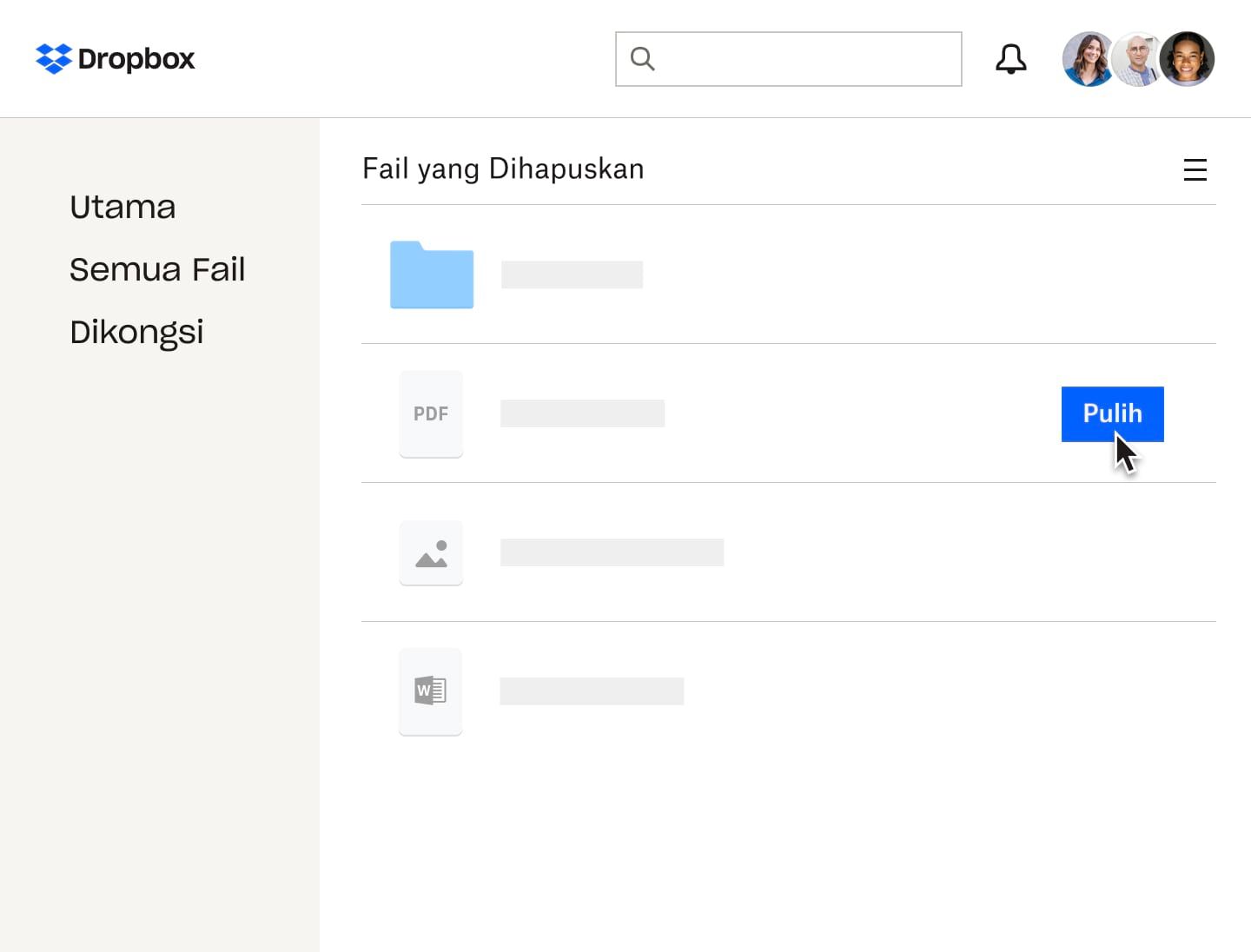 Pengguna memulihkan PDF yang dihapuskan dalam Dropbox