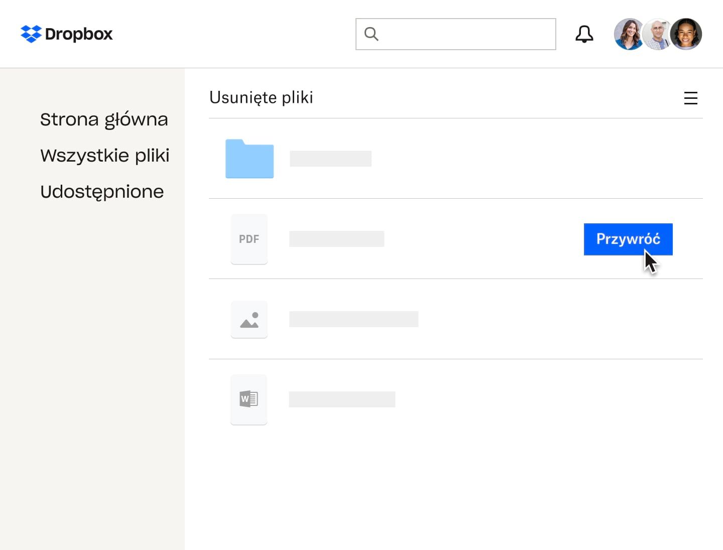 Użytkownik przywracający usunięty plik PDF w Dropbox