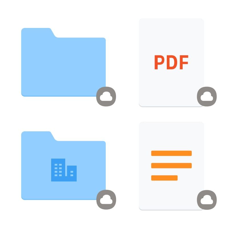 Cuatro iconos que muestran carpetas, archivos PDF y documentos en una carpeta de Dropbox