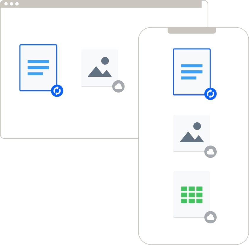 Icone di cartelle Dropbox sullo schermo di uno smartphone e di un computer desktop a indicare la pluralità di dispositivi Dropbox