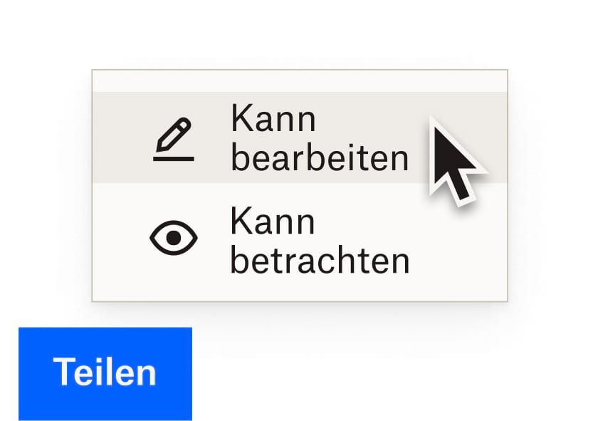 Nutzer wählt Bearbeitungsberechtigungen für eine Dropbox-Datei mit einem blauen Freigabelink aus
