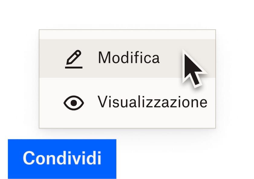 Un utente seleziona le autorizzazioni di modifica per un file Dropbox con un link di condivisione blu