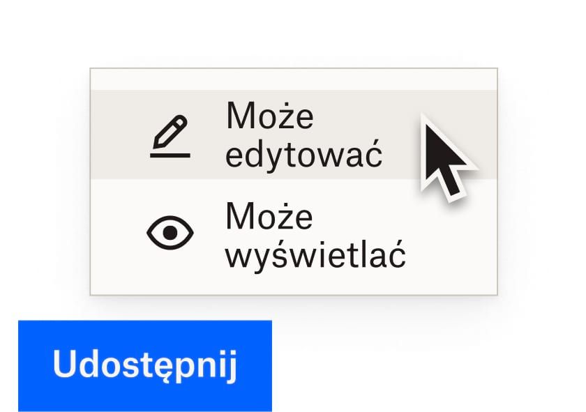 Użytkownik wybiera uprawnienia edycji dla pliku Dropbox, korzystając z niebieskiego łącza udostępniania