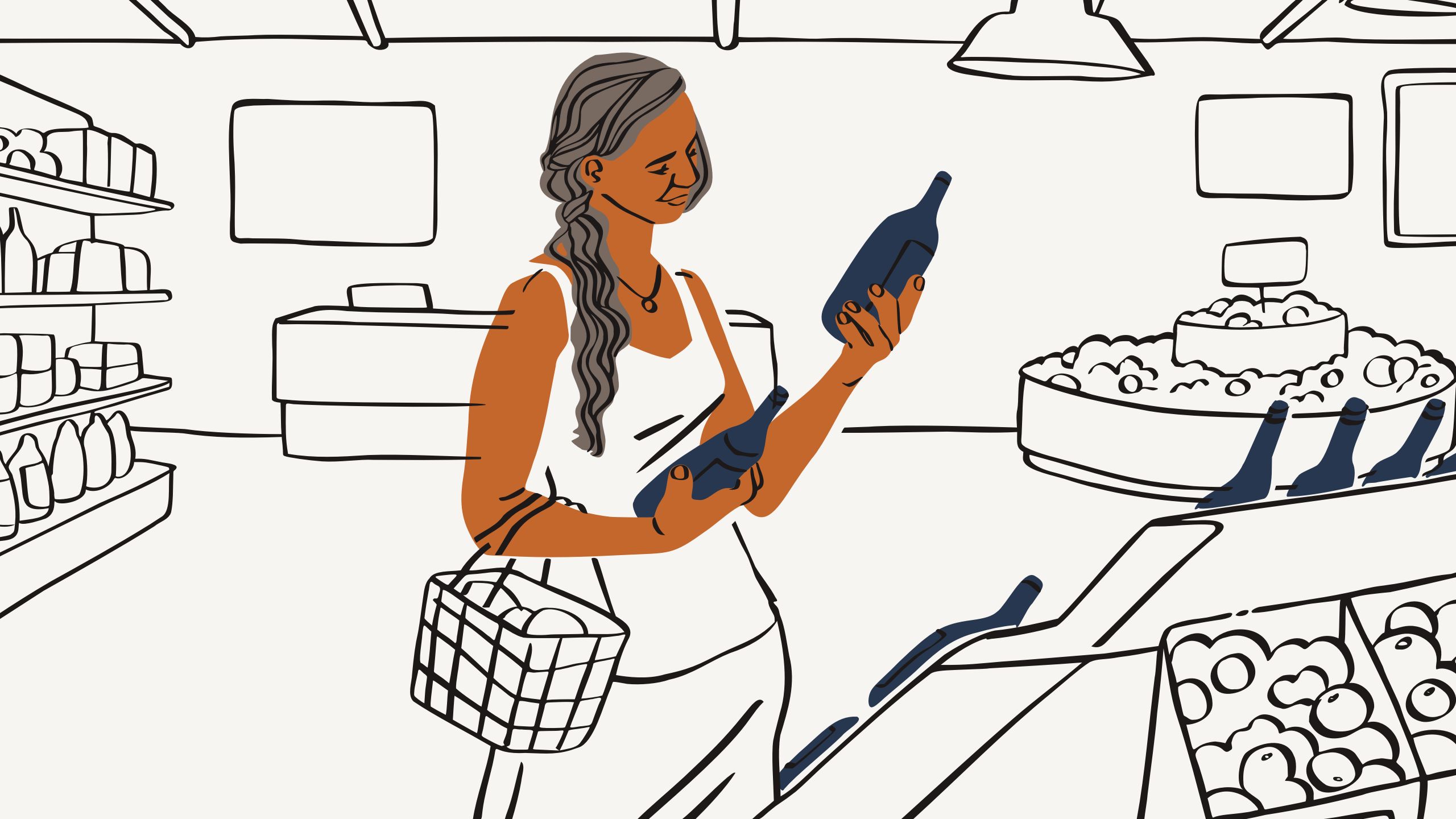Illustration einer Frau beim Einkaufen, die sich die Etiketten auf Flaschen ansieht