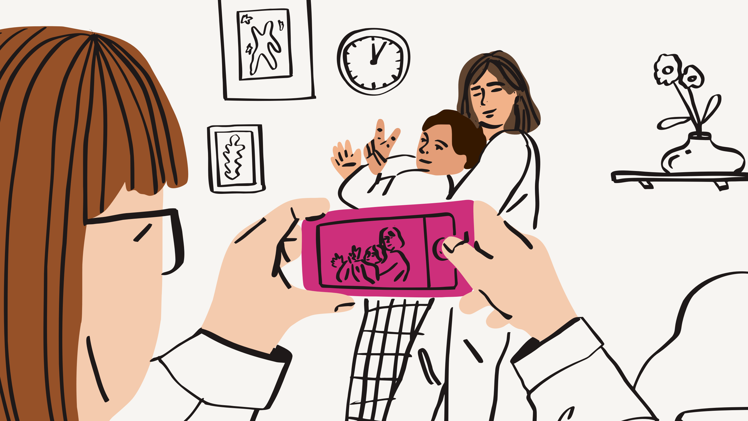 Illustration einer Frau, die mit ihrem Mobiltelefon ein Foto von zwei Familienmitgliedern im Wohnzimmer macht
