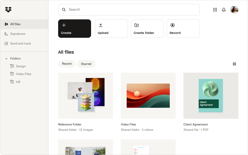 รูปภาพที่แสดงถึงอินเตอร์เฟสผู้ใช้ Dropbox สำหรับพื้นที่จัดเก็บข้อมูลไฟล์
