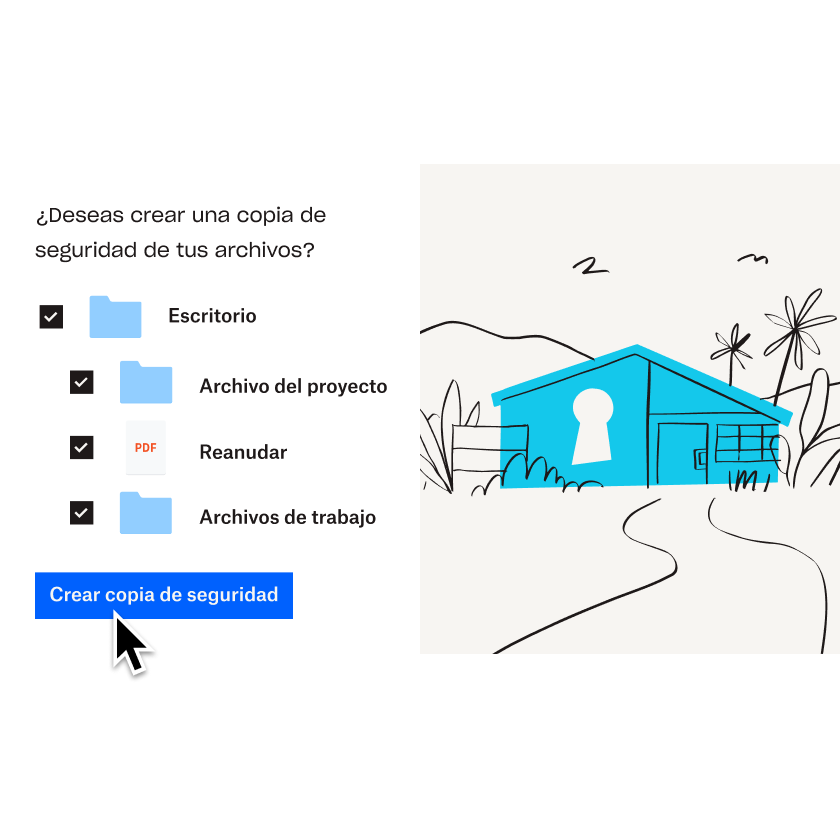Una ilustración de una casa azul junto a una lista de archivos y carpetas que se están seleccionando para agregarse a Dropbox Backup