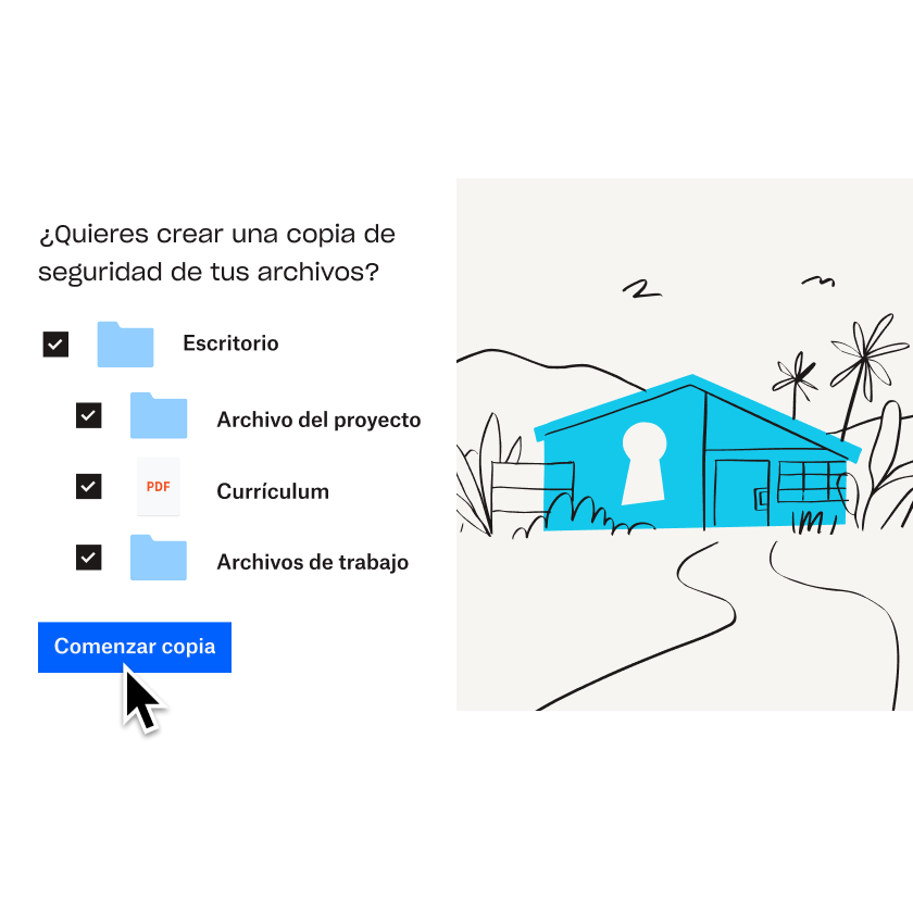 Ilustración de una casa azul junto a una lista de archivos y carpetas que se están seleccionando para añadirlos a Dropbox Backup.