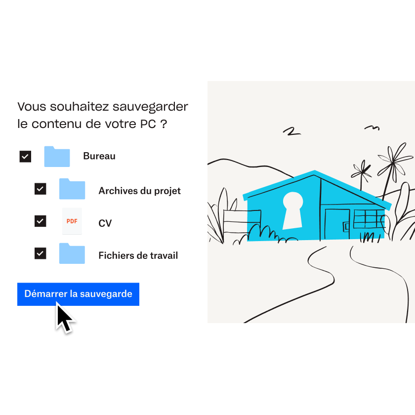 Illustration d'une maison bleue à côté d'une liste de fichiers et de dossiers sélectionnés pour être ajoutés à Dropbox Backup