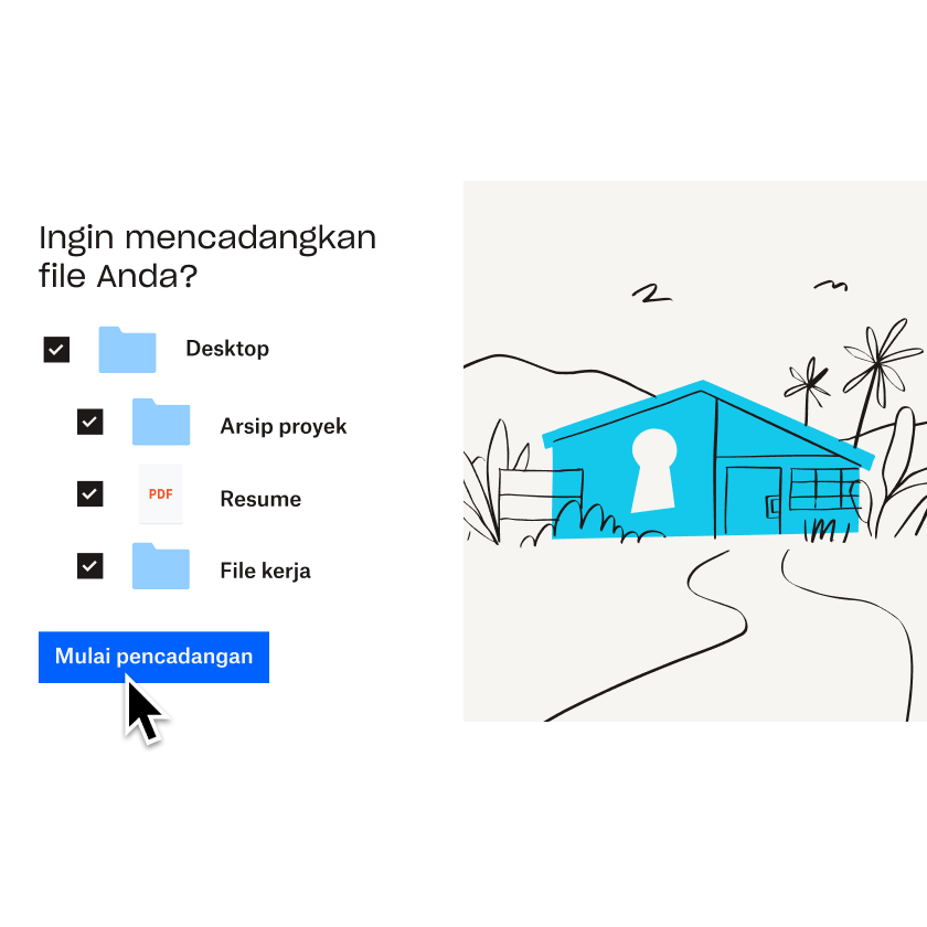 Ilustrasi rumah biru di sebelah daftar file dan folder yang sedang dipilih untuk ditambahkan ke Dropbox Backup