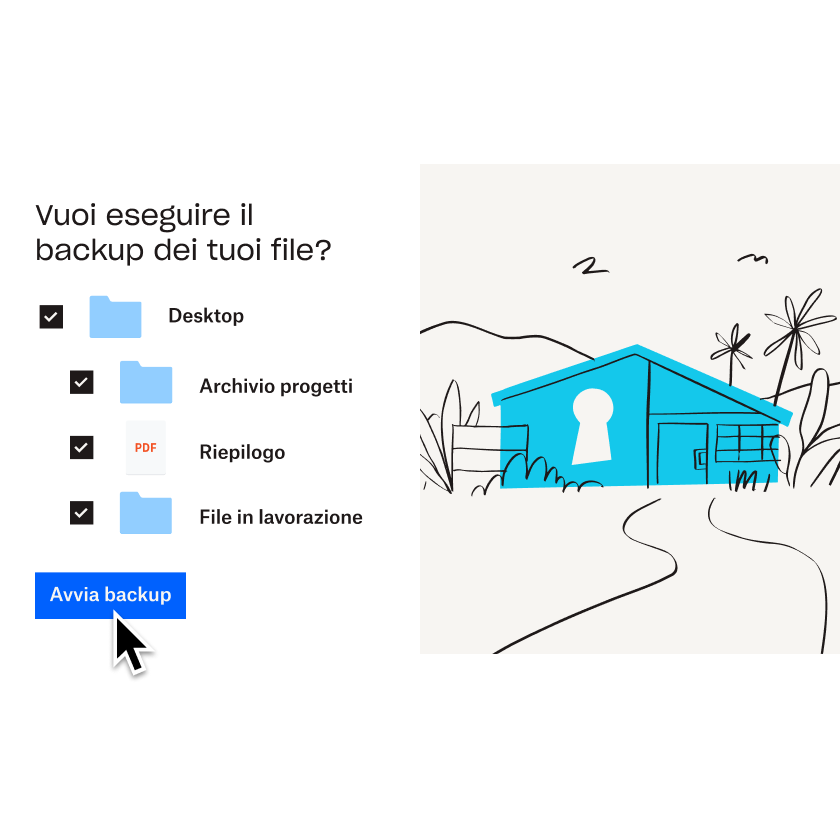 Illustrazione di una casa blu accanto a un elenco di file e cartelle che vengono selezionati per l'aggiunta a Dropbox Backup