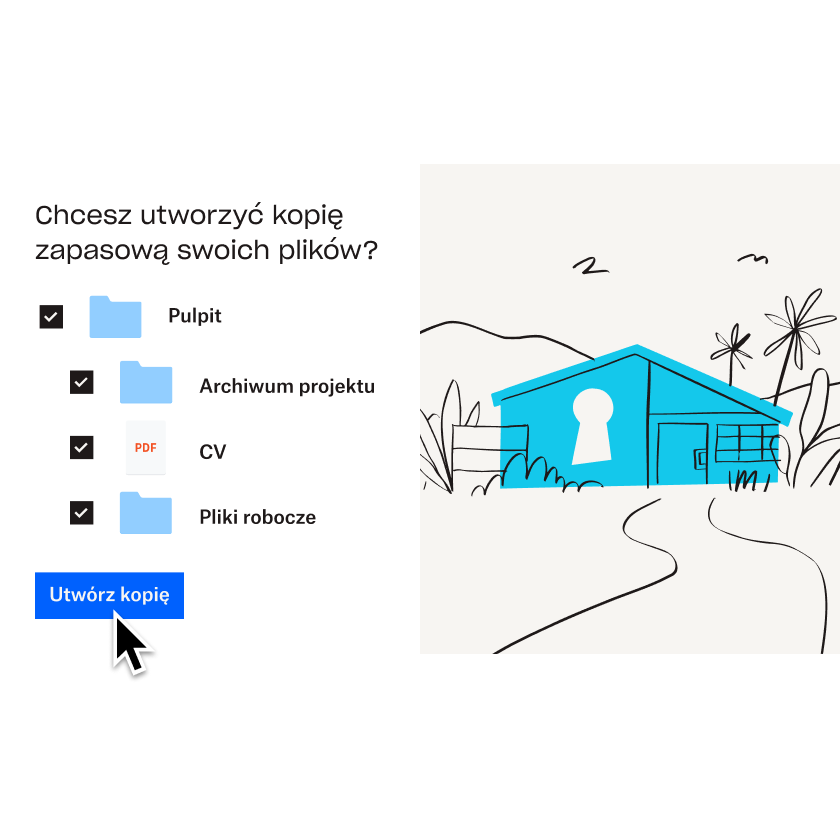 Ilustracja przedstawiająca niebieski dom obok listy plików i folderów wybranych do dodania do Dropbox Backup