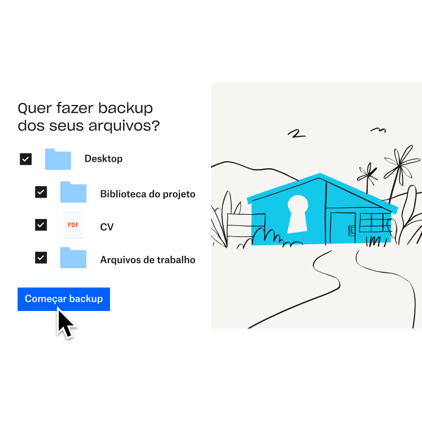 Uma ilustração de uma casa azul ao lado de uma lista de arquivos e pastas que estão sendo selecionados para serem adicionados ao Dropbox Backup