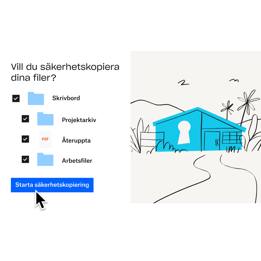 En illustration av ett blått hus bredvid en lista över filer och mappar som väljs för att läggas till i Dropbox Backup