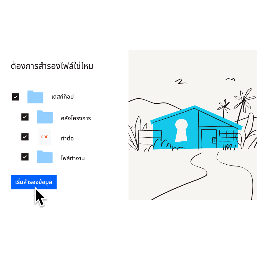 ภาพประกอบของบ้านสีฟ้าที่อยู่ถัดจากรายการไฟล์และโฟลเดอร์ที่ถูกเลือกเพื่อเพิ่มไปยัง Dropbox Backup