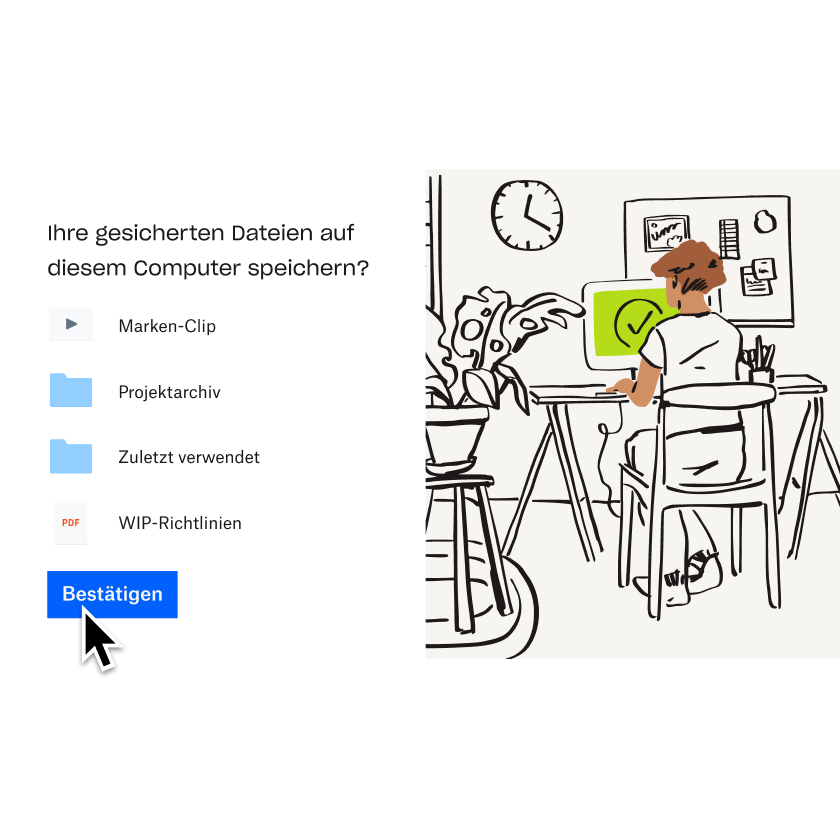 Ein Nutzer wählt einen Computer aus, der zu Dropbox Backup hinzugefügt werden soll, und klickt auf die Schaltfläche „Bestätigen“ 