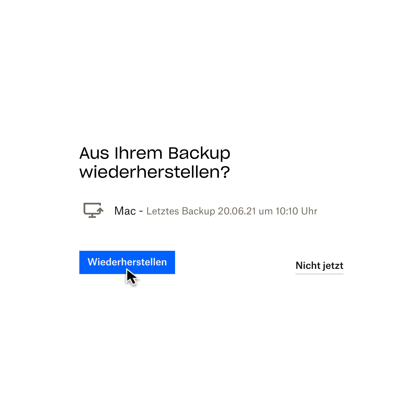 Ein Nutzer klickt auf eine blaue Schaltfläche mit der Aufschrift „Wiederherstellen“, um die letzte Version seines Mac, die auf Dropbox Backup gesichert worden war, wiederherzustellen