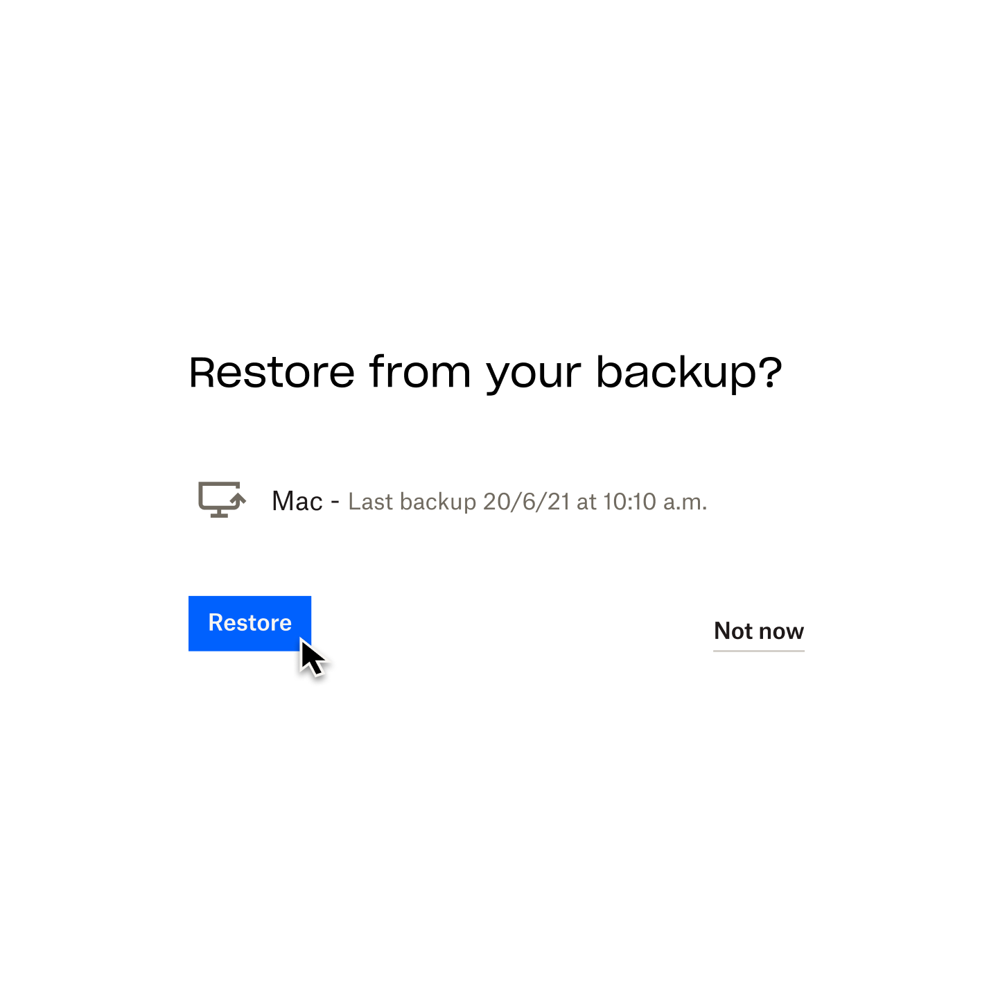 A user clicking a blue button that says “restore” in order to restore the last version of their Mac that was backed up in Dropbox Backup