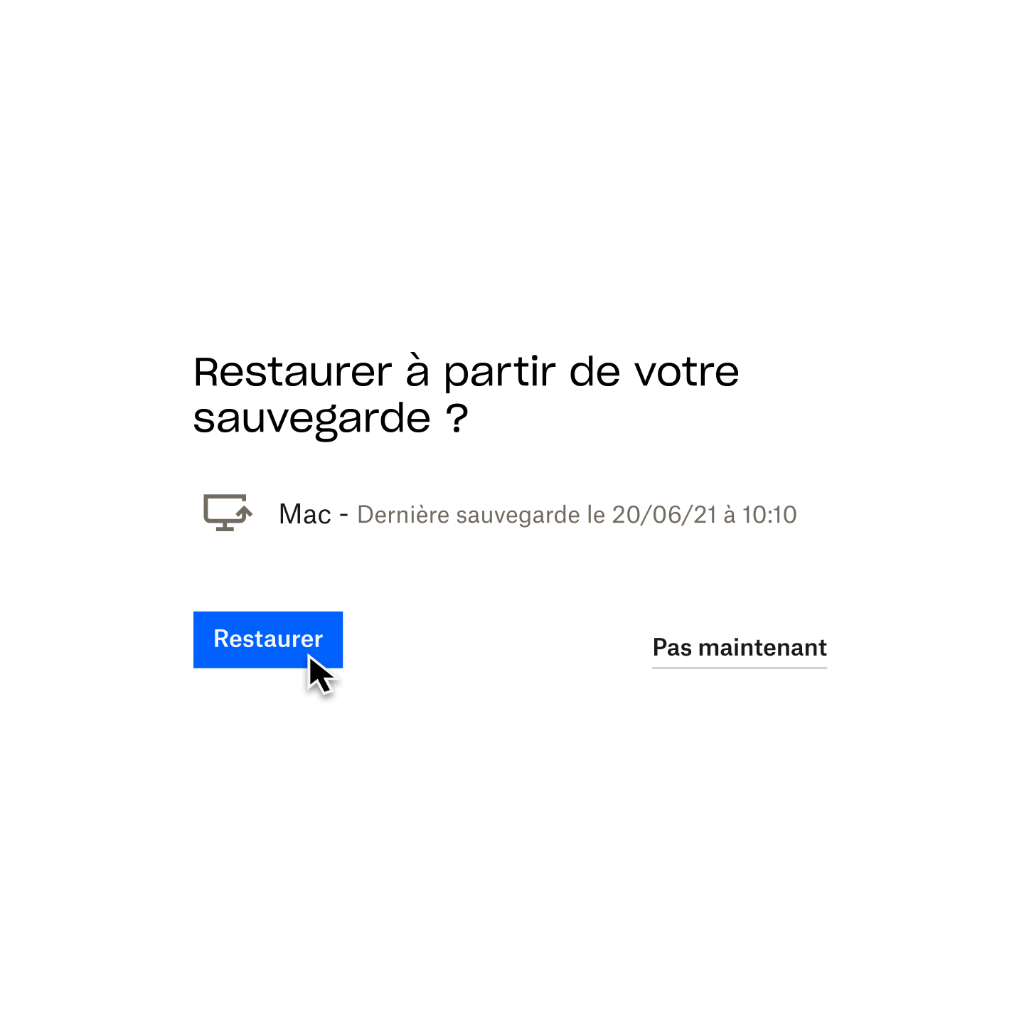 Utilisateur cliquant sur un bouton bleu indiquant « Restaurer » afin de restaurer la dernière version du contenu de son Mac sauvegardée dans Dropbox Backup