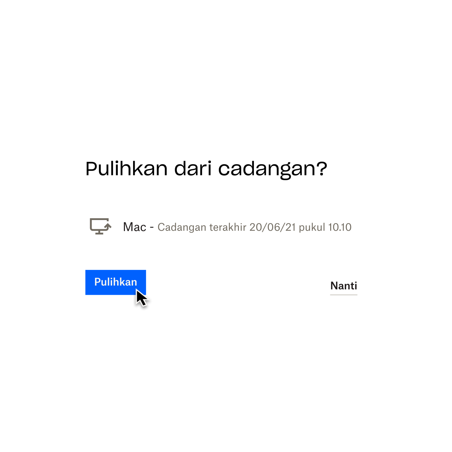 Seorang pengguna mengeklik tombol biru bertuliskan “pulihkan” untuk memulihkan versi terakhir Mac yang dicadangkan di Dropbox Backup