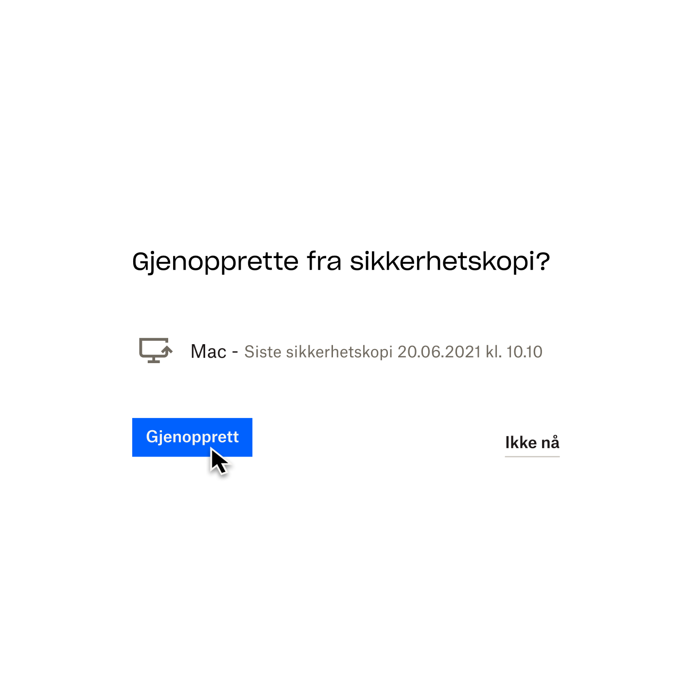 En bruker som klikker på en blå knapp som sier «gjenopprett» for å gjenopprette den siste versjonen av Mac-en som ble sikkerhetskopiert i Dropbox Backup