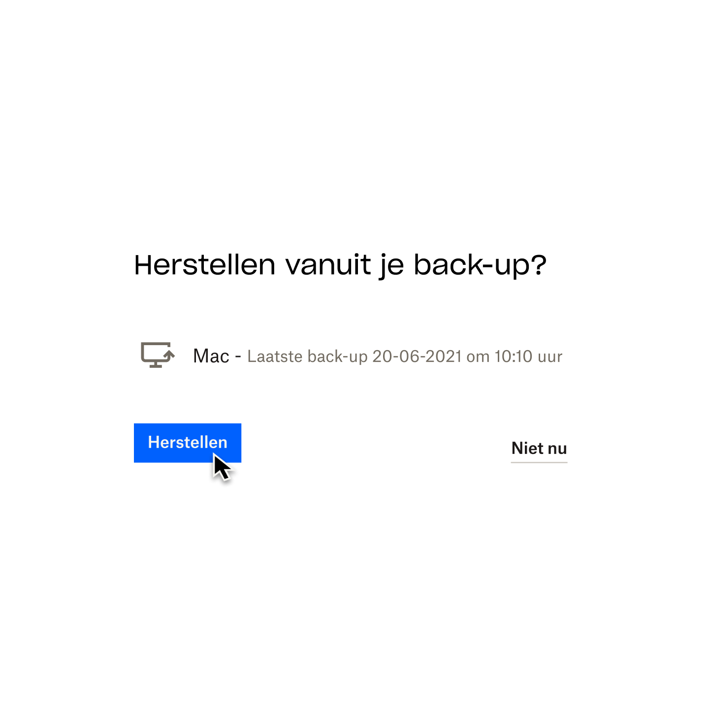 Een gebruiker die op een blauwe knop met de tekst herstellen klikt om de laatste versie van zijn Mac te herstellen waarvan een back-up is gemaakt in Dropbox Backup