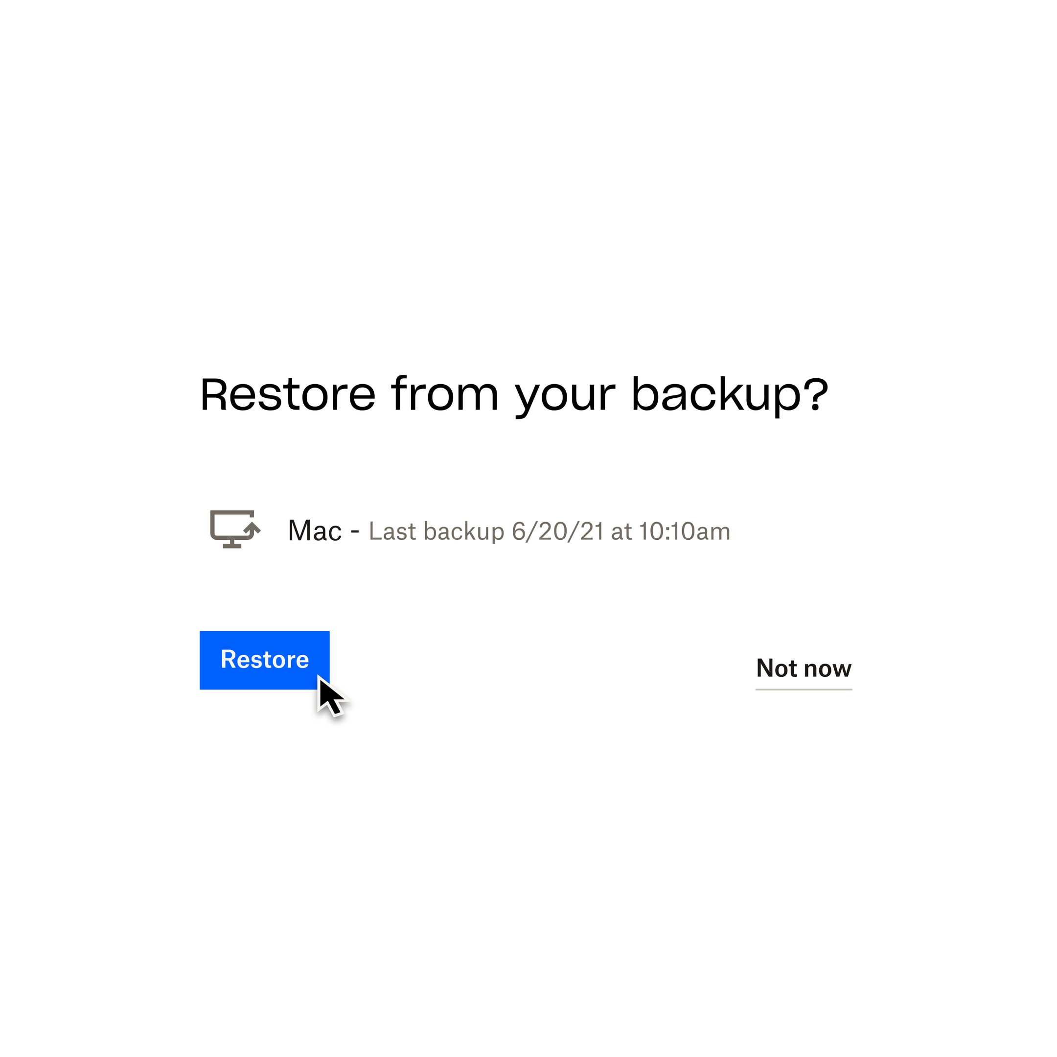 A user clicking on a blue button that says “restore” in order to restore the last version of their Mac that was backed up in Dropbox Backup