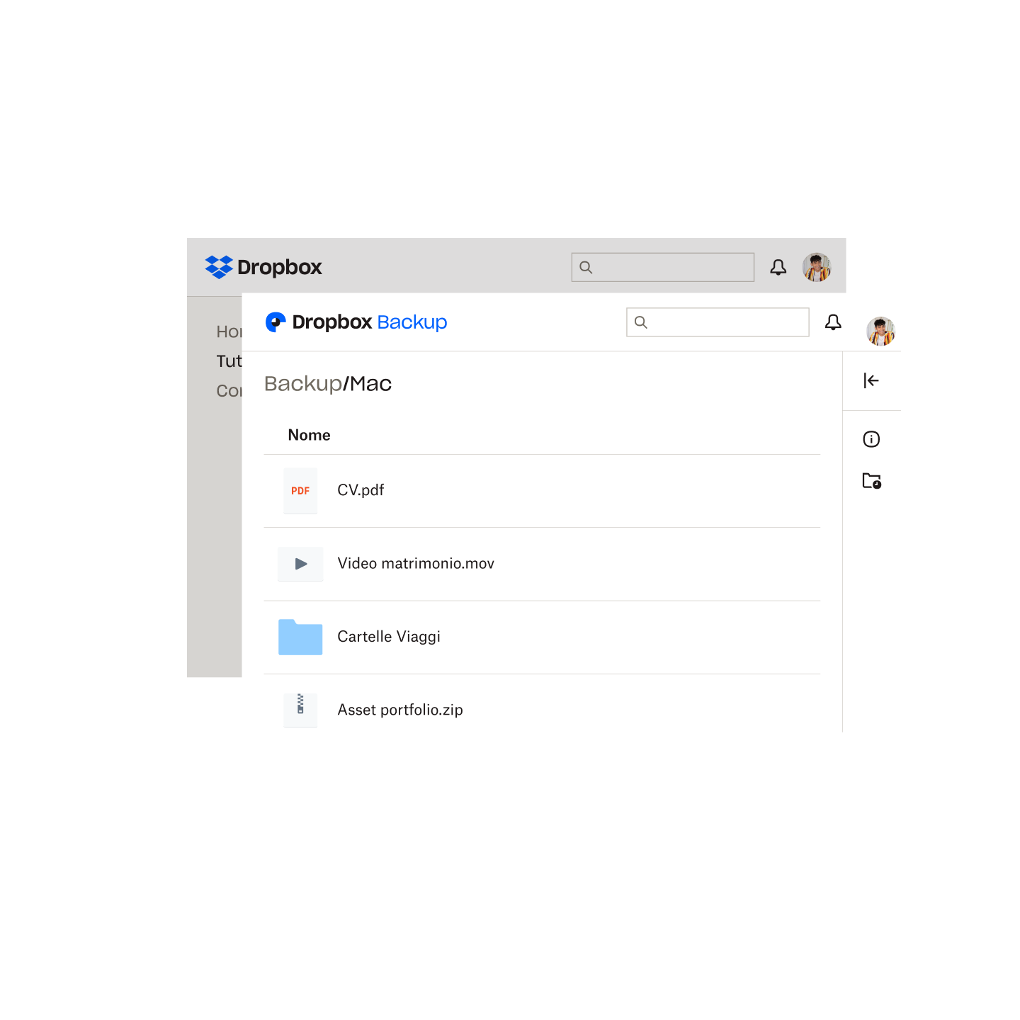 Rappresentazione visiva dell’interfaccia utente di Dropbox Backup.