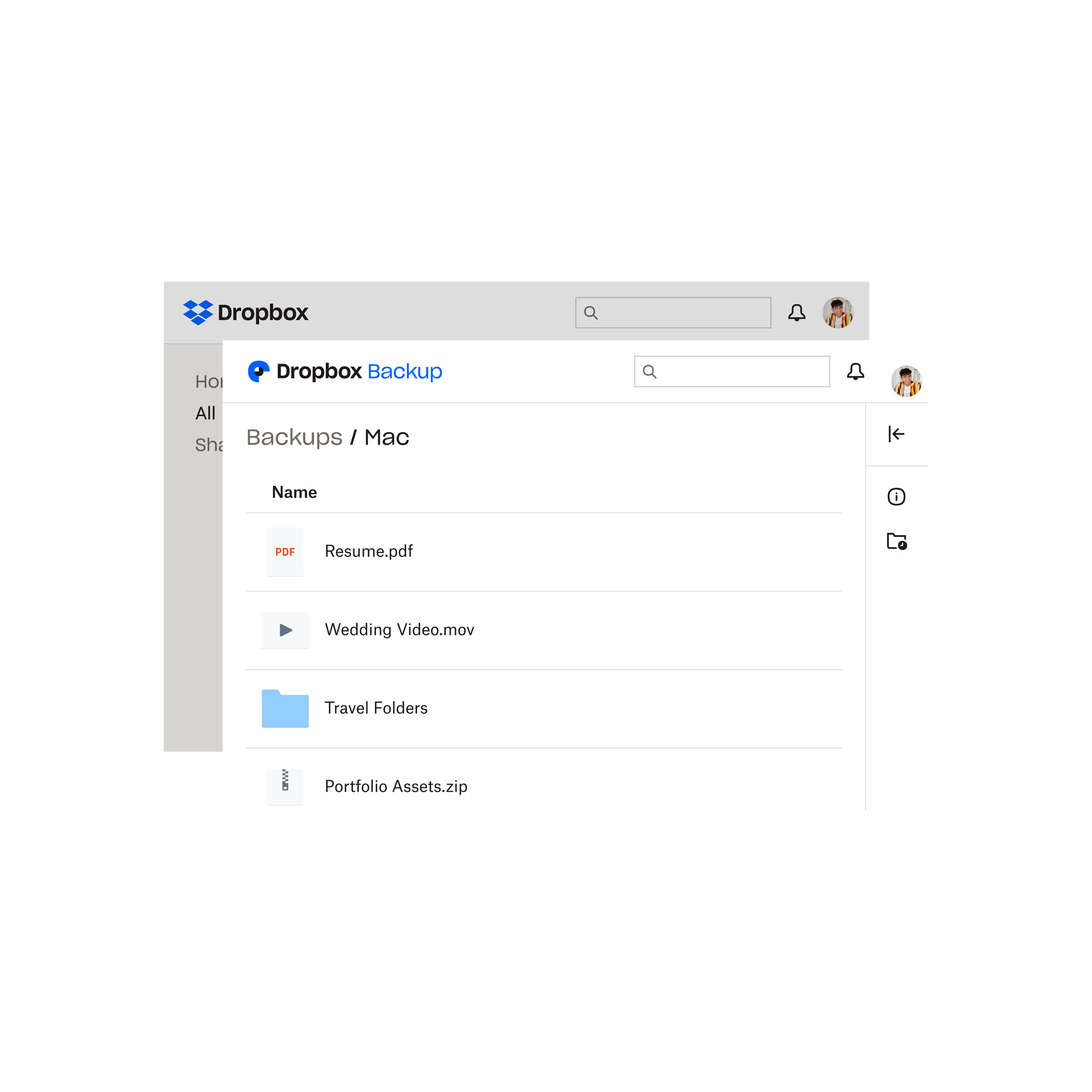 Visual representation of the Dropbox Backup user interface.