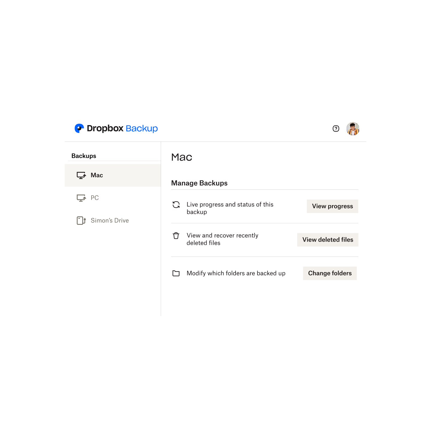 The menu for Dropbox Backup management that includes the ability to view backup status, view and recover deleted files and to change which folders are backed up