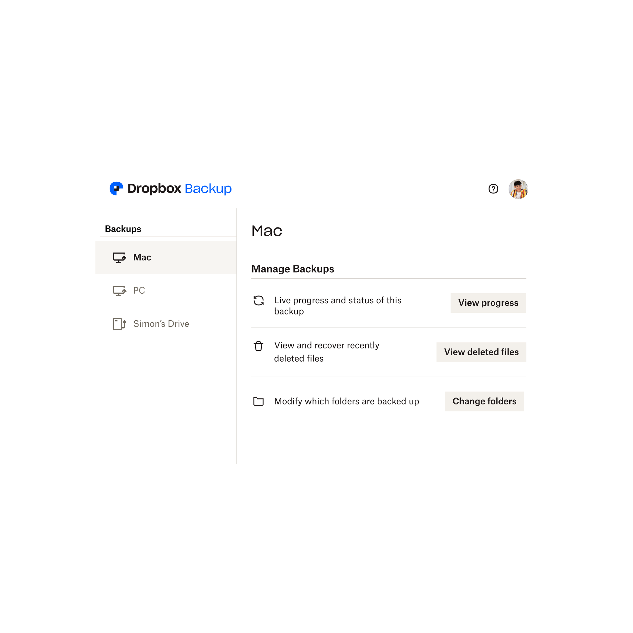 The menu for Dropbox Backup management that includes the ability to view backup status, view and recover deleted files, and to change which folders are backed up