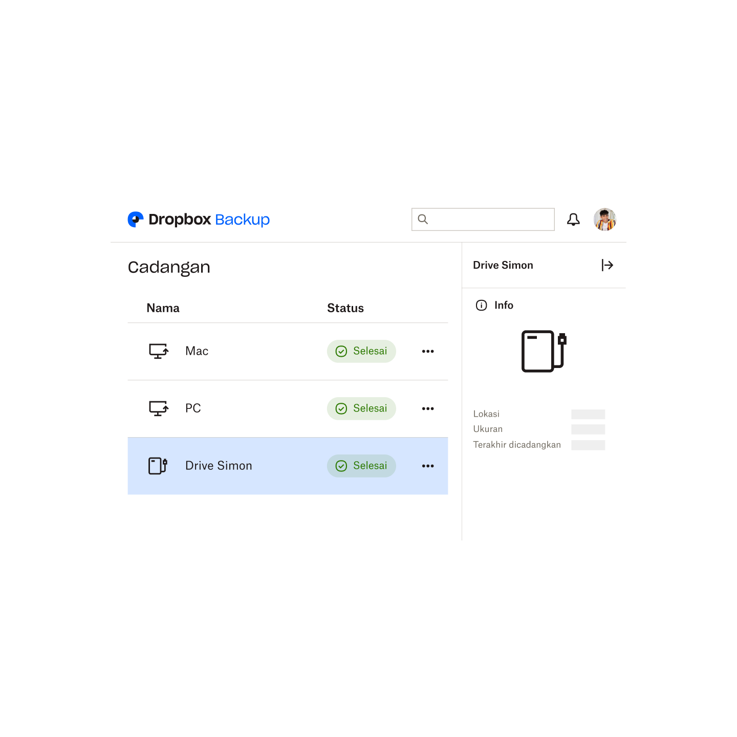 Daftar perangkat dan hard disk pengguna yang sedang dicadangkan di Dropbox Backup