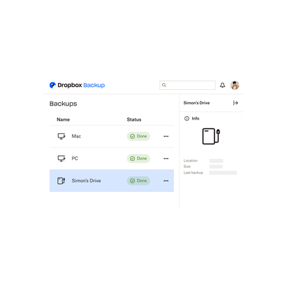 A list of a user’s devices and hard drives that are being backed up in Dropbox Backup