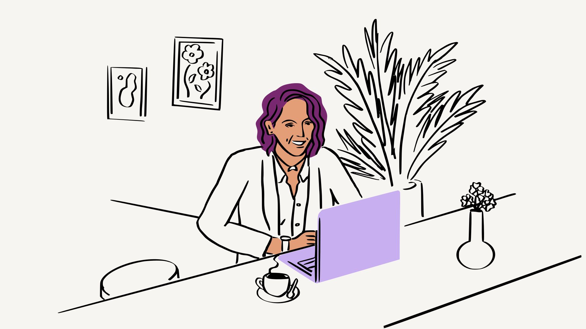 Ilustrasi seorang wanita sedang duduk di hadapan komputer riba berwarna ungu