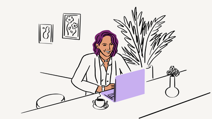 An illustration of a woman sitting in front of a purple laptop