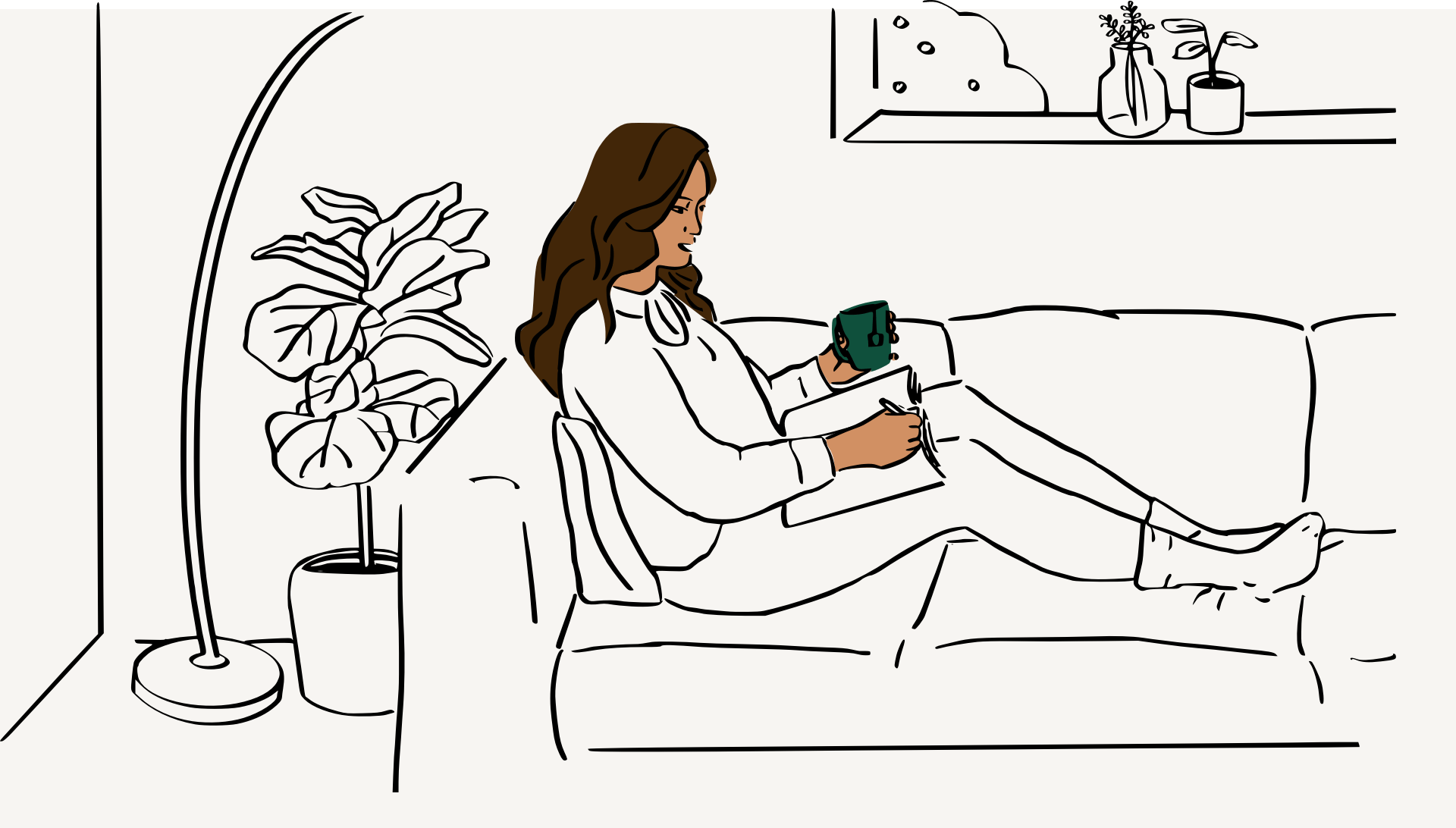 Una ilustración de una mujer sentada en un sofá, sosteniendo una taza y escribiendo en una revista
