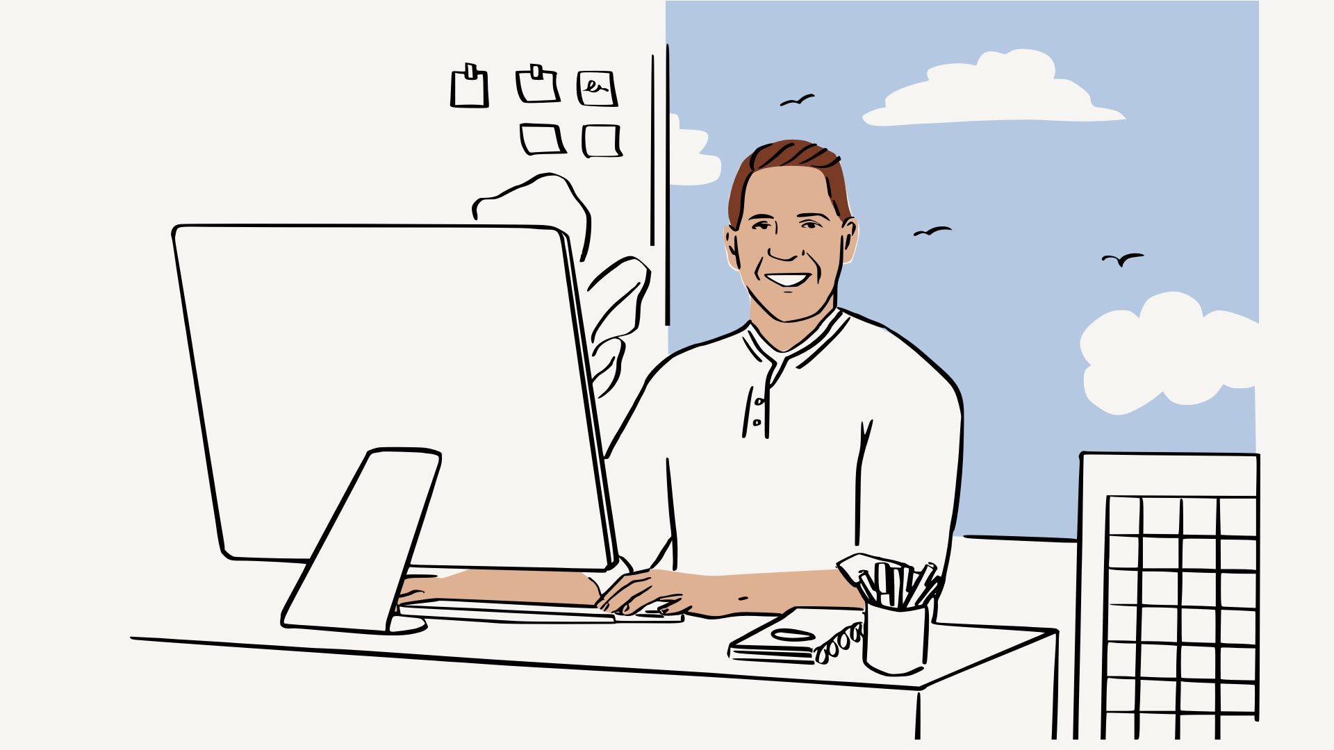 En illustration av en man som sitter vid ett skrivbord framför en stor datorskärm