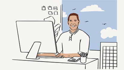 An illustration of a man sitting at a desk in front of a large computer monitor