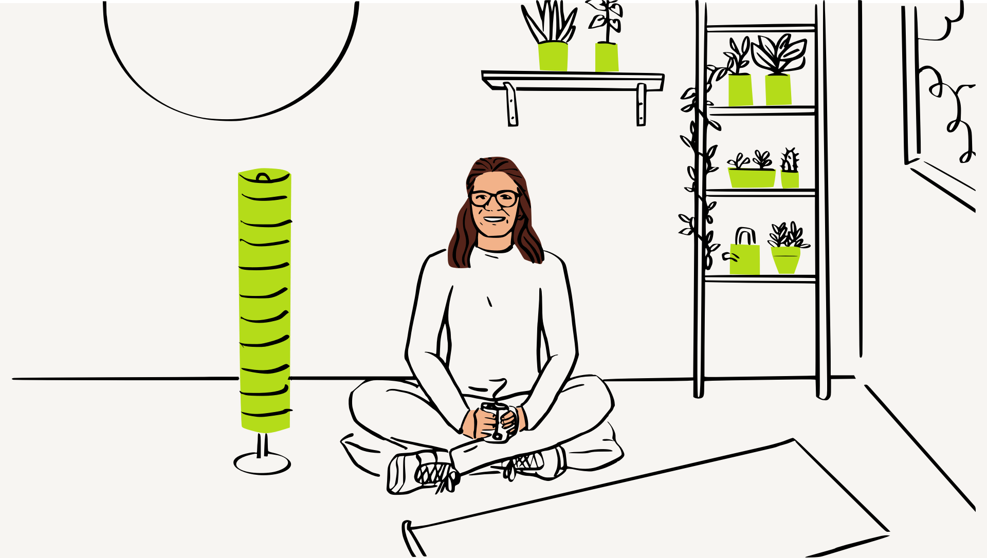 Una ilustración de una mujer sentada de piernas cruzadas en un piso junto a una colchoneta de yoga y una lámpara de pie