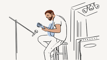 An illustration of a musician playing a guitar and singing into a microphone