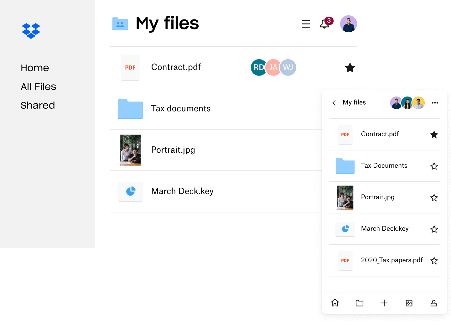 Image of files and folders that are organized and stored in Dropbox